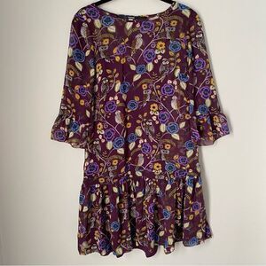 Kensie Women’s 3/4 Princess Sleeve Ruffle Hemline Owl Print 2 pc Midi Dress XS